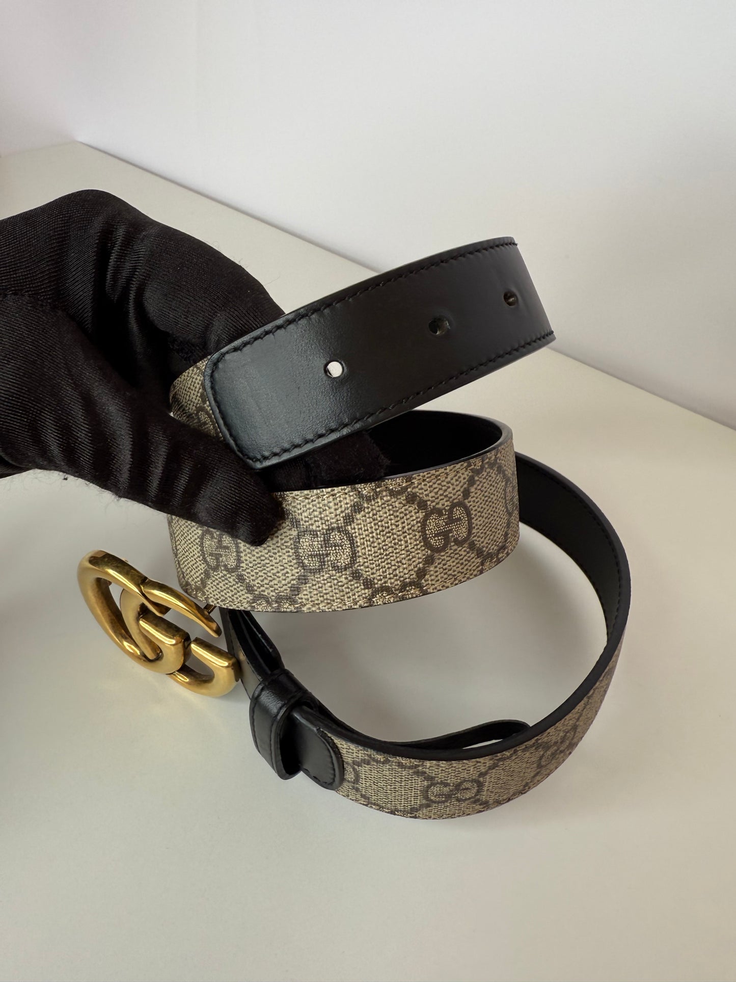 Gucci GG Supreme Canvas and Leather GG Marmont Buckle Belt