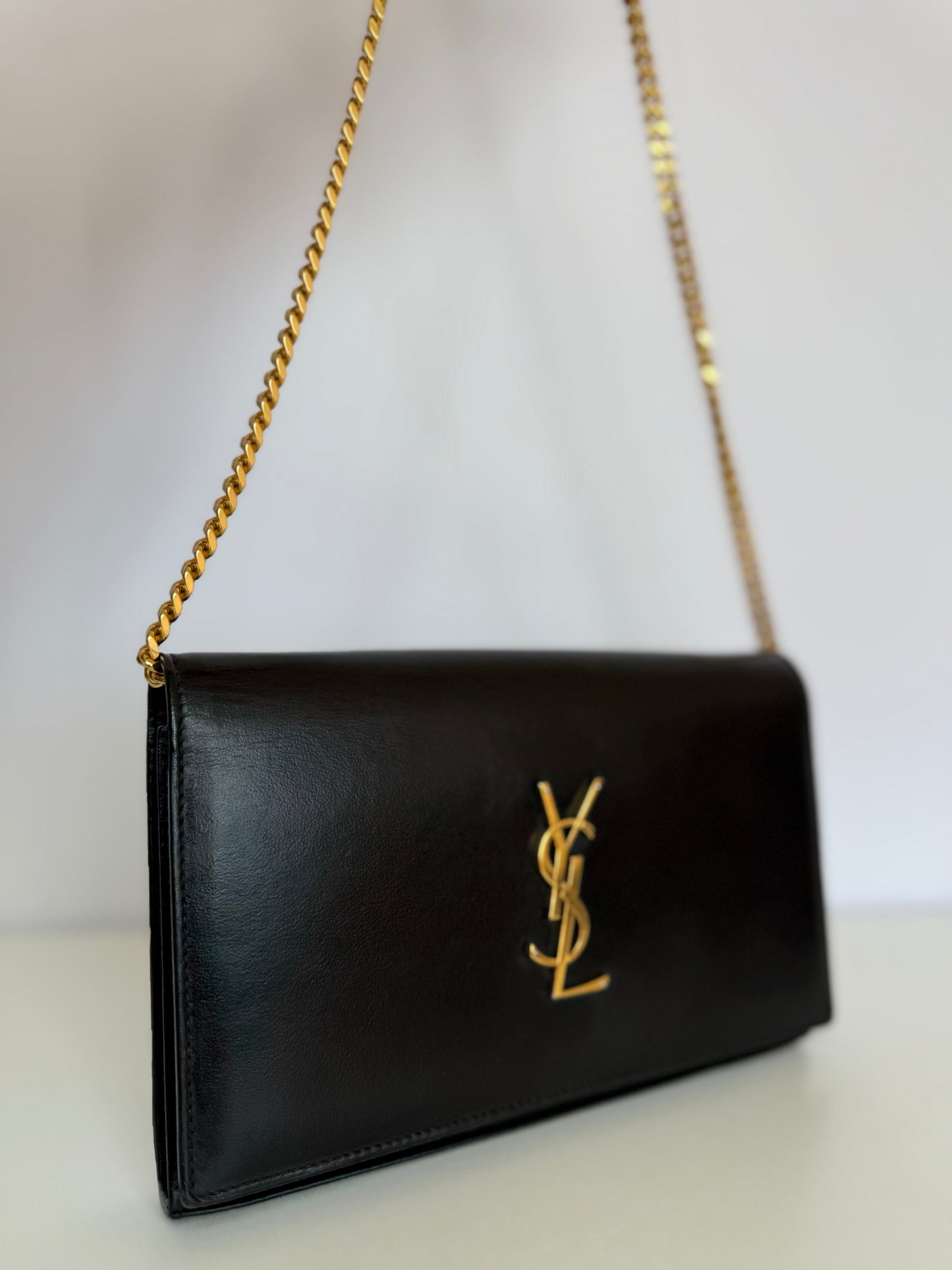 Saint Laurent Black Glossy Calfskin Monogram Chain Wallet