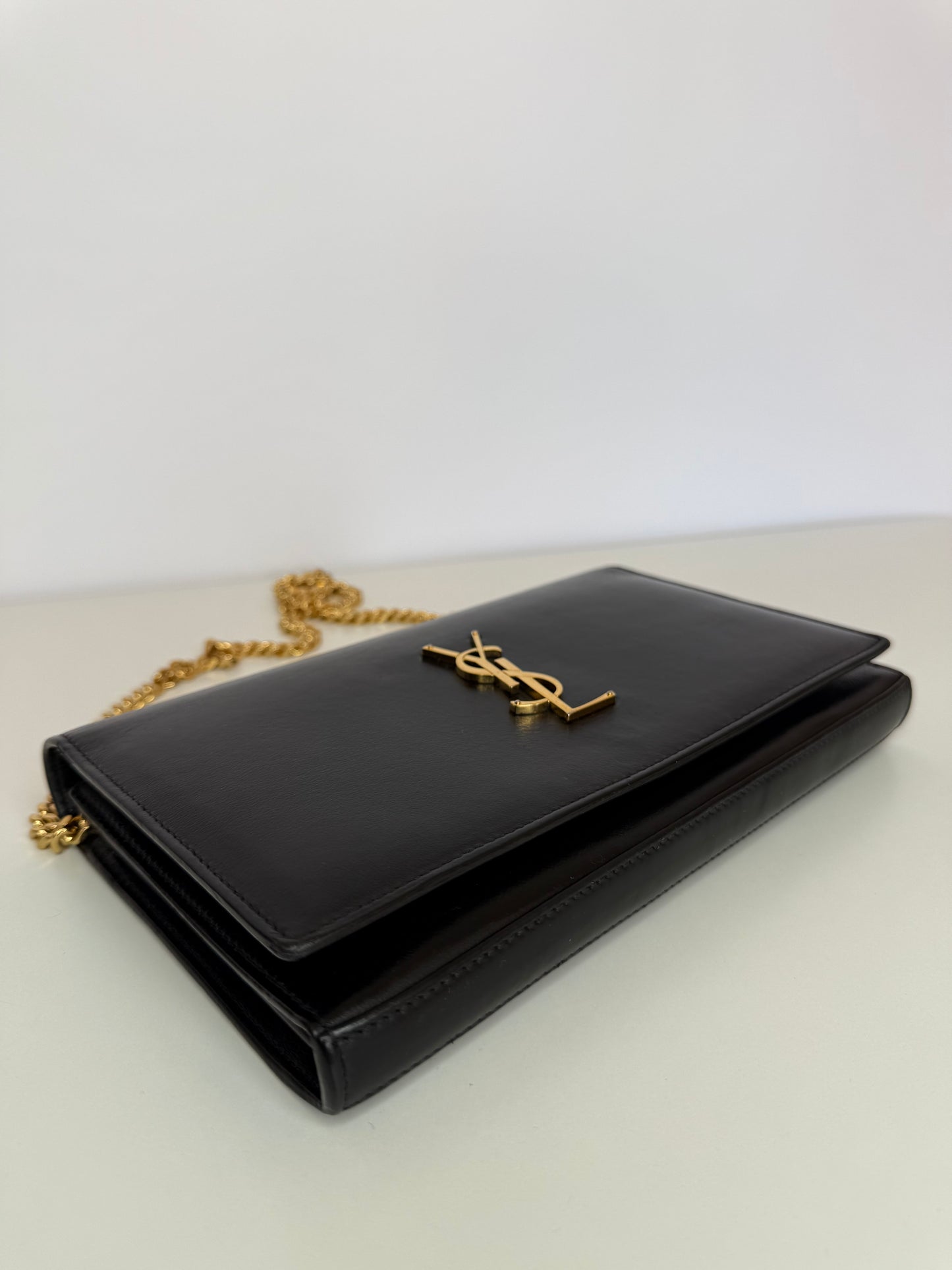 Saint Laurent Black Glossy Calfskin Monogram Chain Wallet