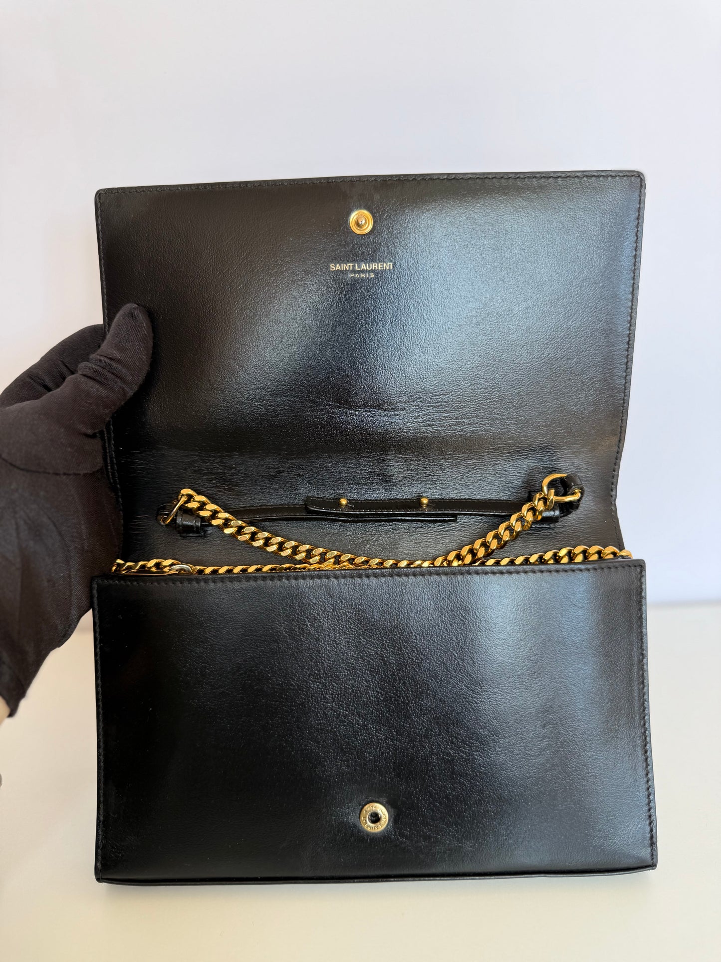 Saint Laurent Black Glossy Calfskin Monogram Chain Wallet