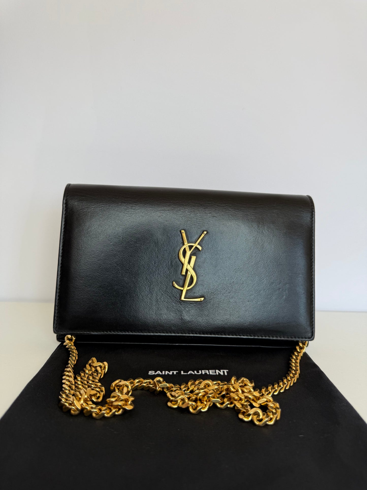 Saint Laurent Black Glossy Calfskin Monogram Chain Wallet