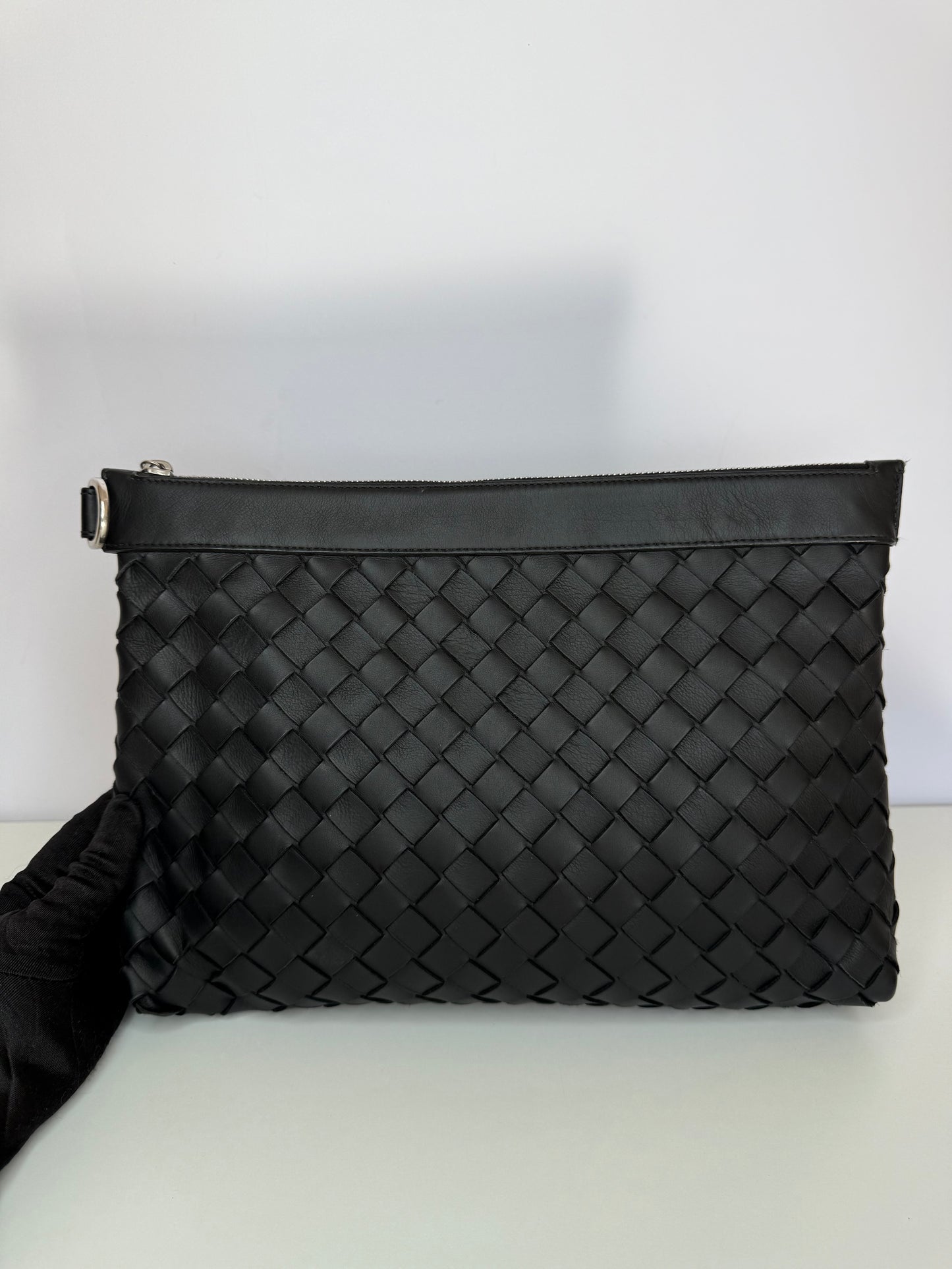 Bottega Veneta Intrecciato Half Zip Pouch Black