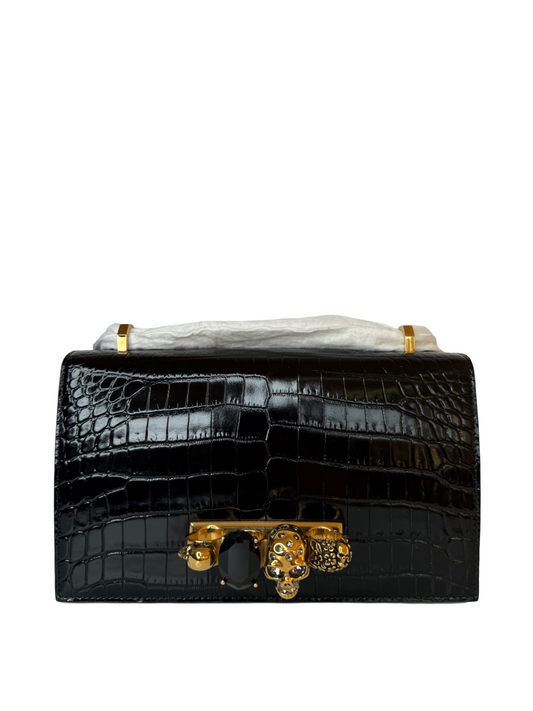 Alexander McQueen Shiny Crocodile Embossed Jeweled Satchel Black