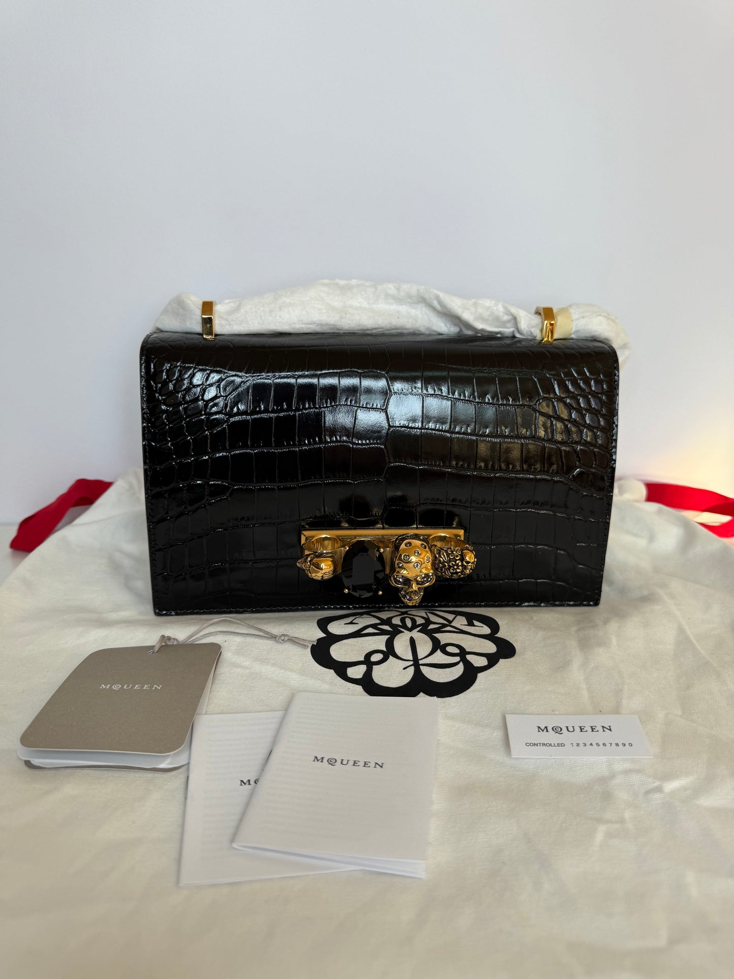 Alexander McQueen Shiny Crocodile Embossed Jeweled Satchel Black