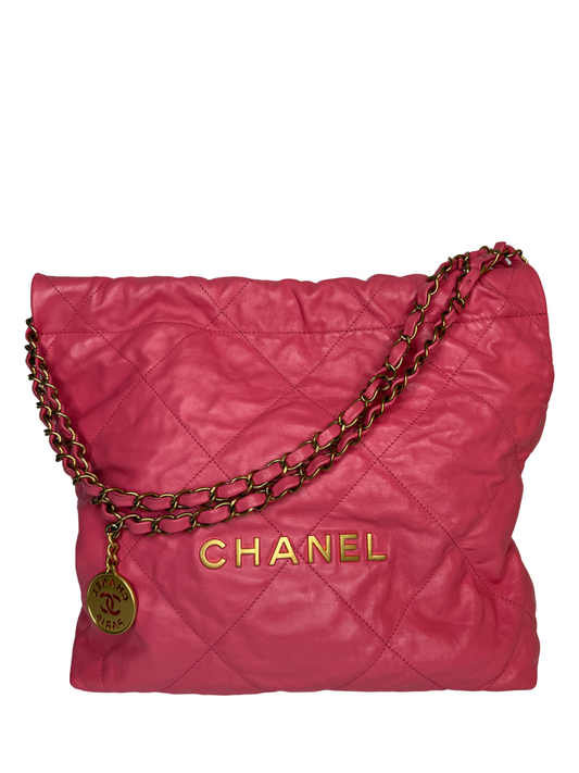 Chanel Small 22 Bag Pink Coral Calfskin Gold Hardware Chain Hobo Bag