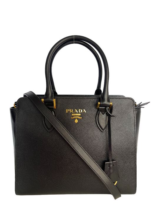 Prada Convertible Small Open Tote Black Saffiano with Soft Calf