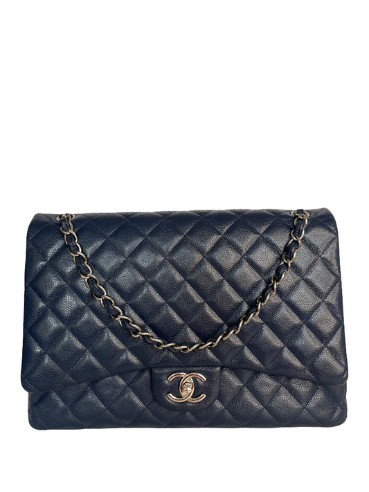 Chanel Navy Blue Quilted Caviar Leather Maxi Classic Double Flap Bag