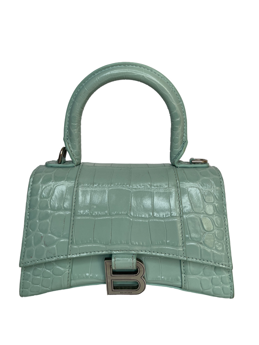 Balenciaga Green Aqua Croc Embossed Leather XS Hourglass Top Handle Bag