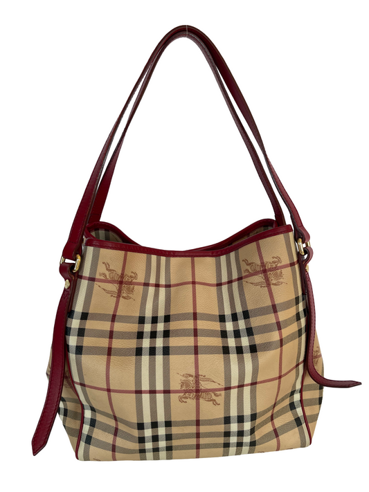 Burberry Red Leather Haymarket Coated Canvas Canterbury Tote