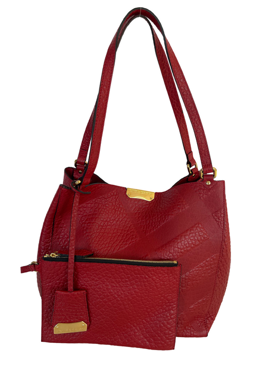 Burberry Red Embossed Check Grain Leather Small Canterbury Tote Bag