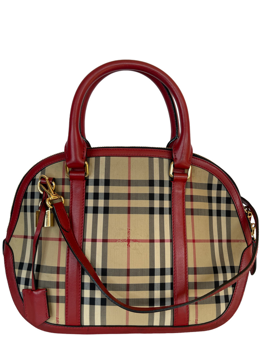 Burberry Red/Beige Haymarket Check Canvas/Leather Orchard Bowler Bag