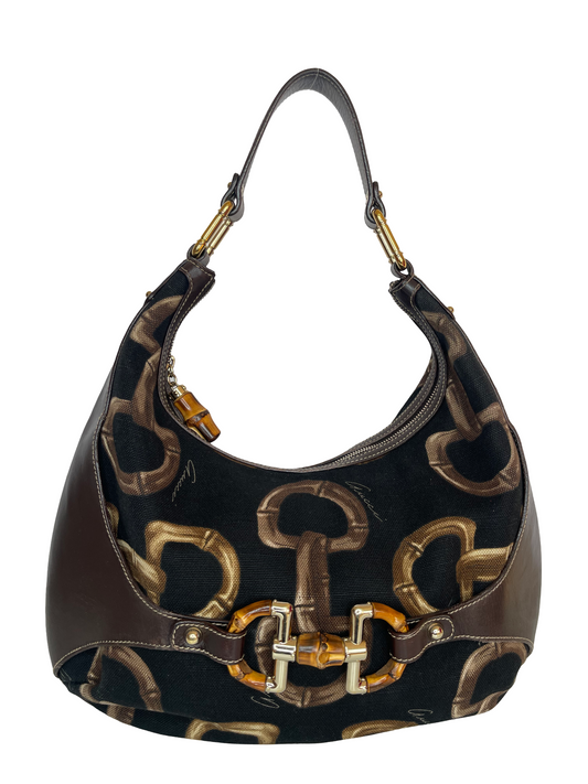 Gucci Brown/Black Printed Canvas and Leather Amalfi Horsebit Hobo