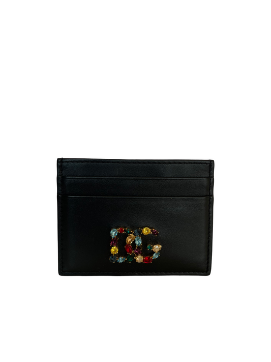 Dolce Gabbana Card Holder With DG Crystal Logo in Black Leather