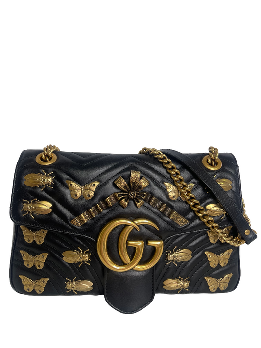 Gucci Calfskin Matelasse Animal Studs Medium GG Marmont Shoulder Bag Black