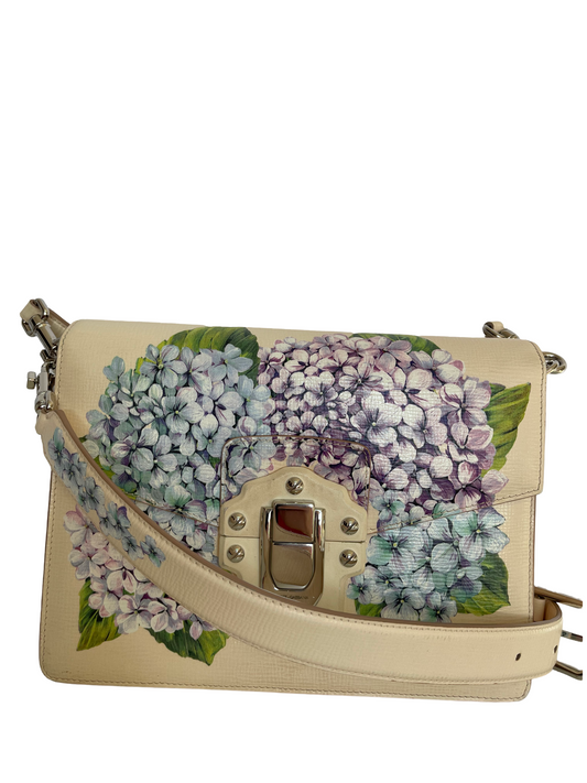 Dolce Gabbana Lucia Beige Floral Print Leather Shoulder Bag