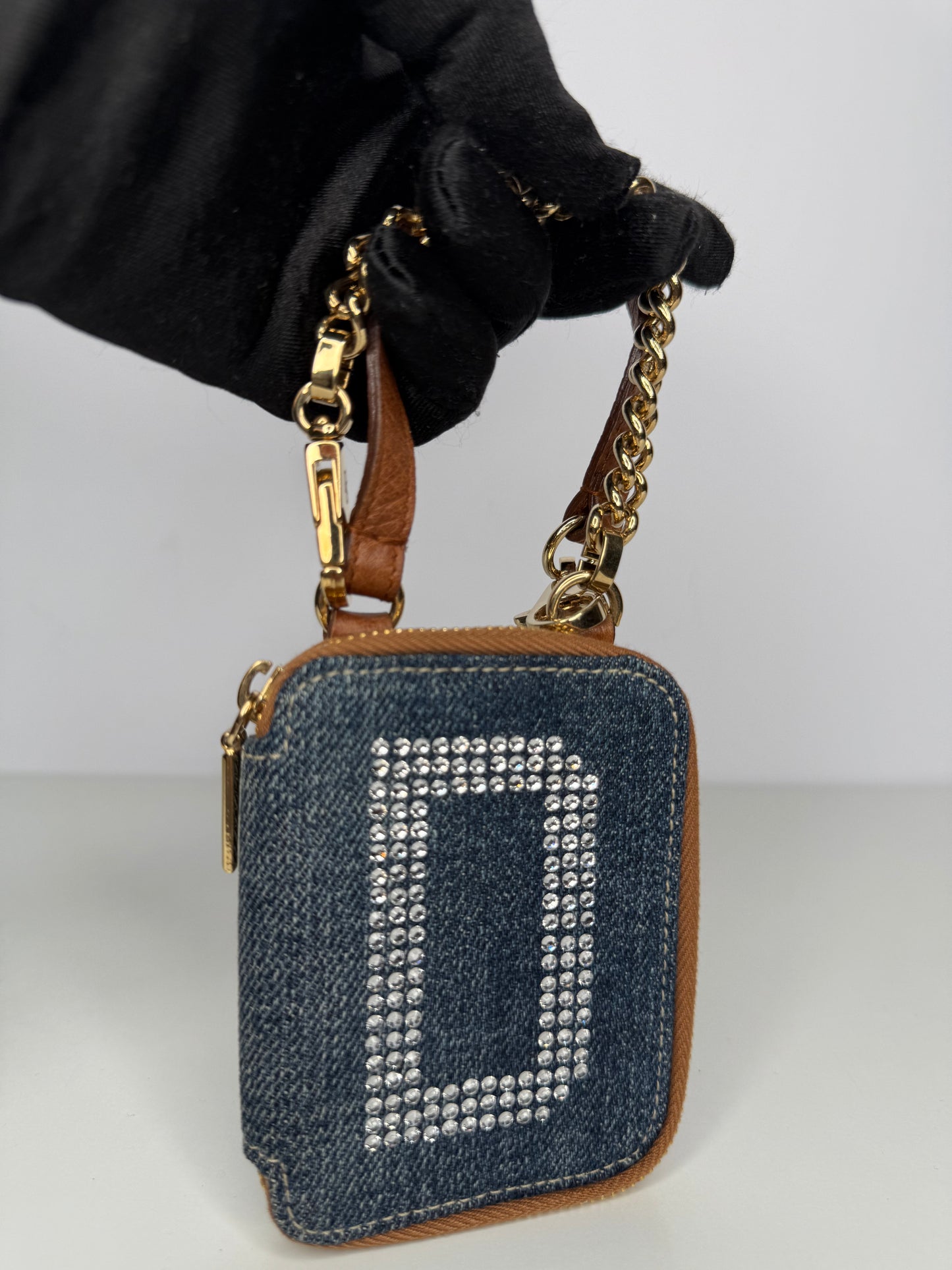 Dolce Gabbana Denim Crystal Logo Mirror and Lipstick Holder
