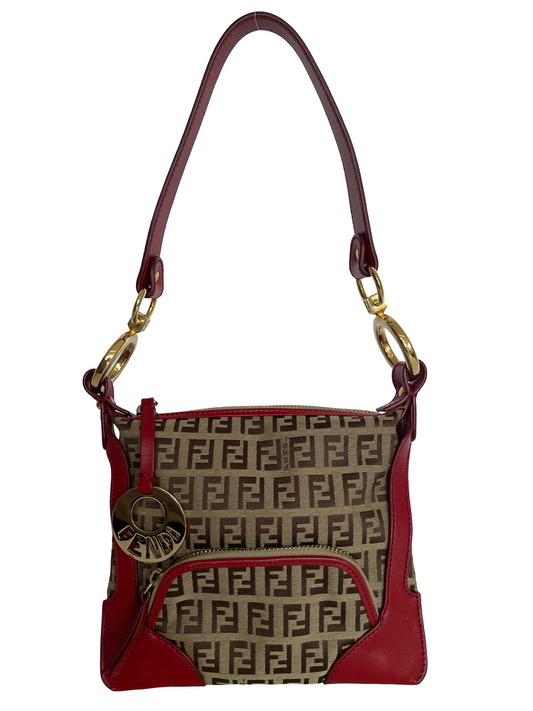 Fendi Red/Brown Zucchino Canvas and Leather Small Chef Pocket Shoulder Bag