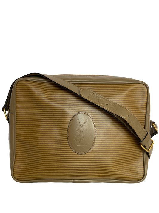 Yves Saint Laurent Striped Coated Canvas Shoulder Bag Beige