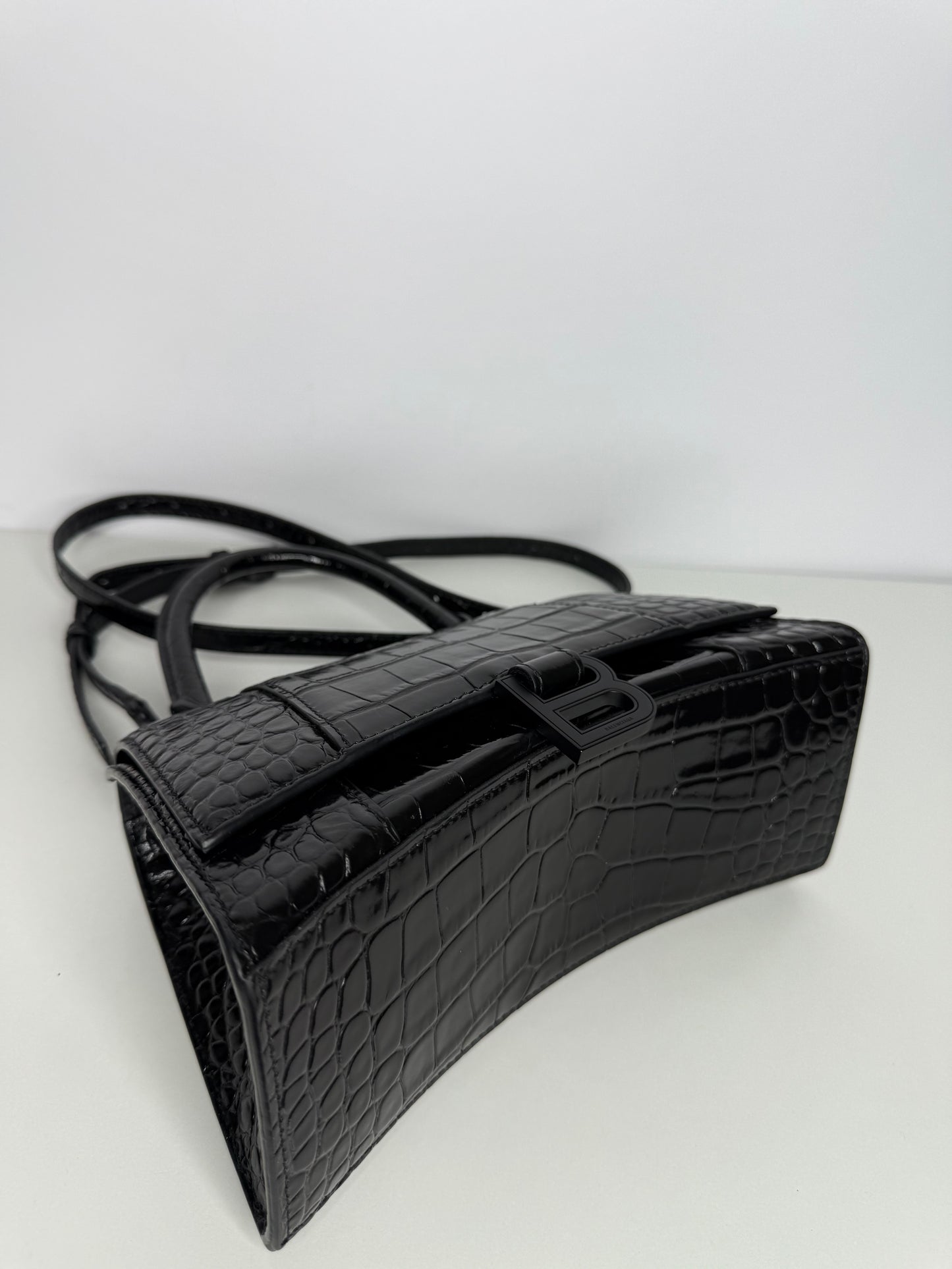 Balenciaga Small Hourglass Croc Embossed  Bag Black