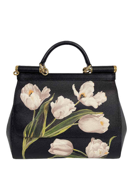 Dolce & Gabbana Medium Miss Sicily Black Tulip Print Leather  Bag