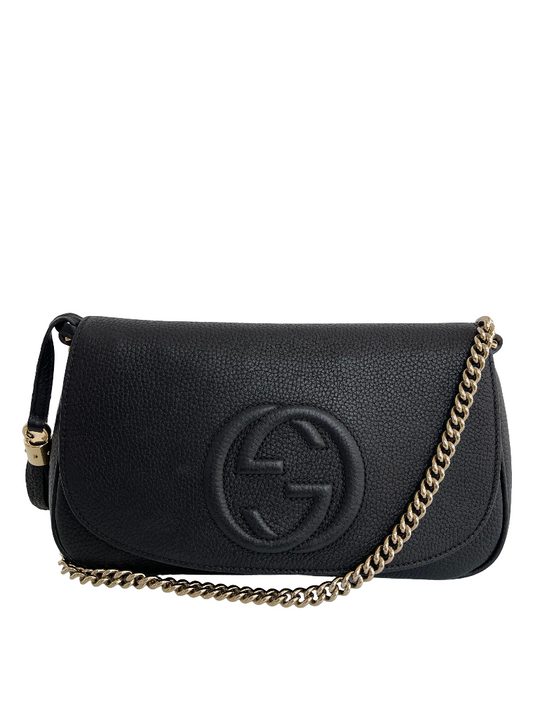 Gucci Soho Black Pebbled Calfskin Medium Flap Crossbody Bag