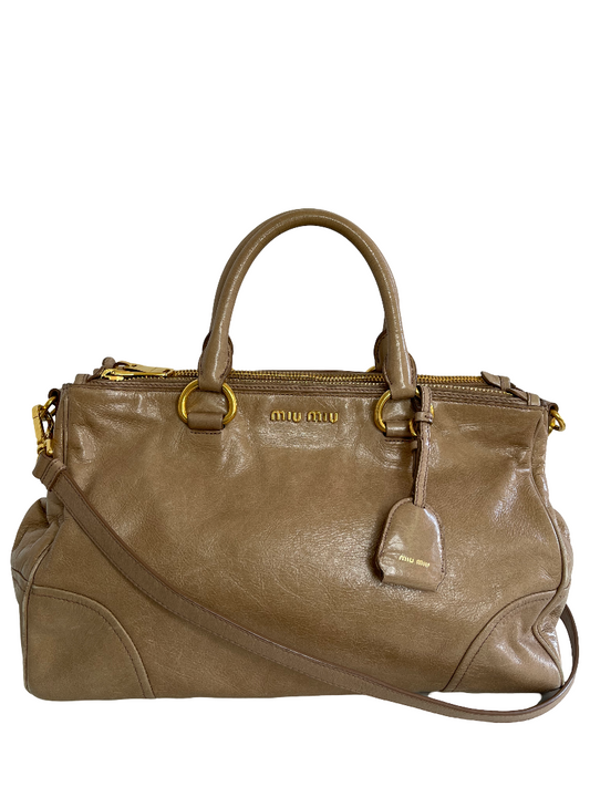 Miu Miu Nude Beige Vitello Shine Leather Double Zip Tote