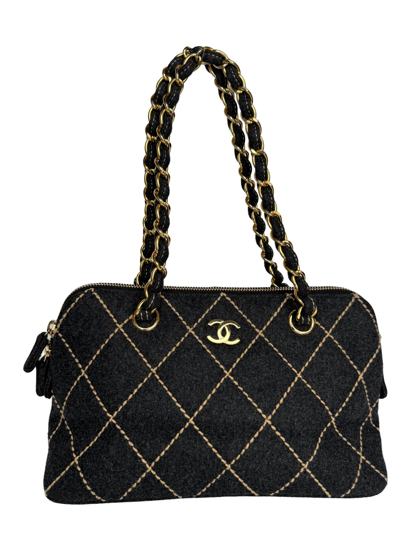 Chanel Grey Quilted Wool Surpique Bowler Bag