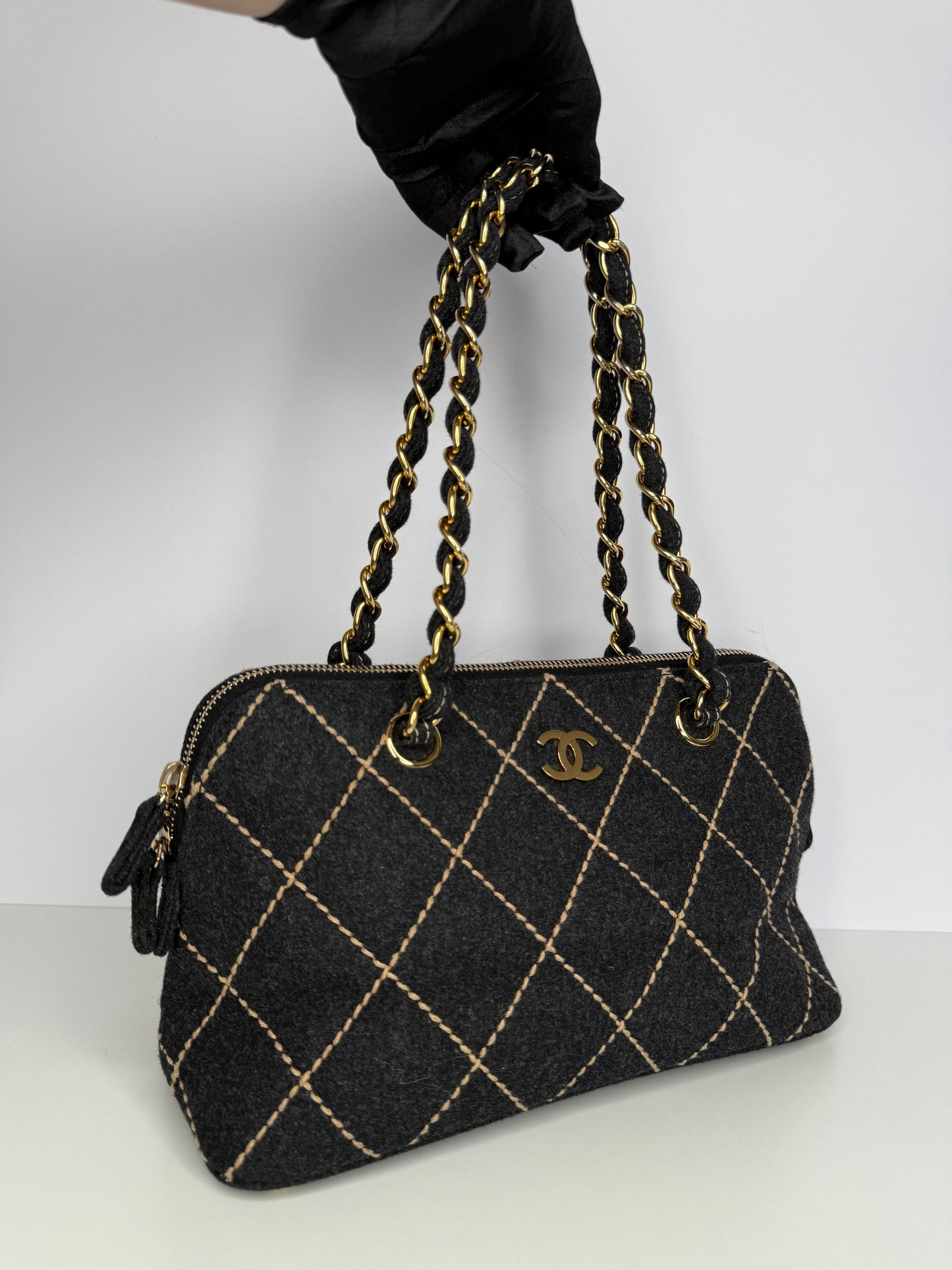 Chanel Grey Quilted Wool Surpique Bowler Bag