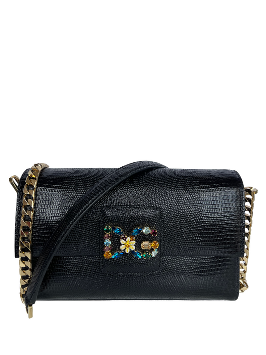 Dolce Gabbana Millennials Iguana Leather DG Crystals Crossbody Bag