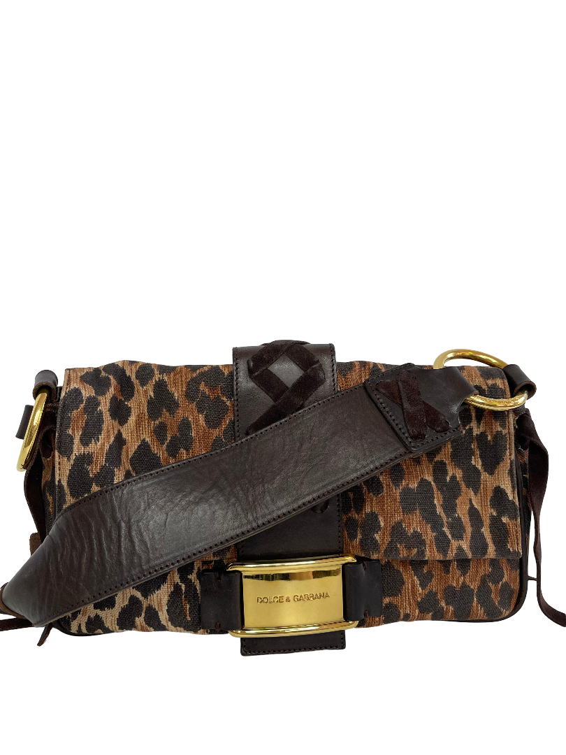 Dolce Gabbana Brown Leopard Print Canvas and Leather Corset Flap Bag