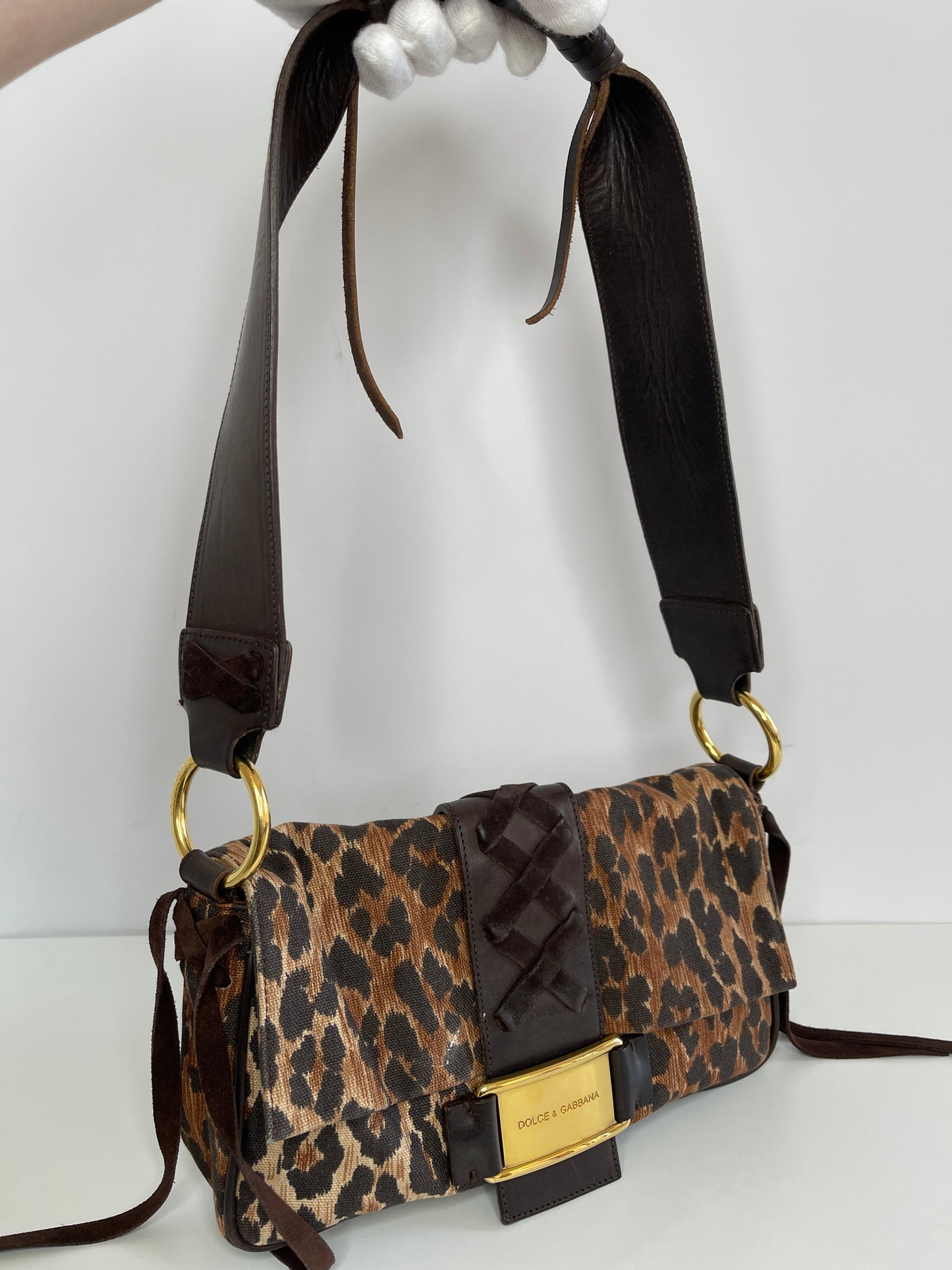 Dolce Gabbana Brown Leopard Print Canvas and Leather Corset Flap Bag