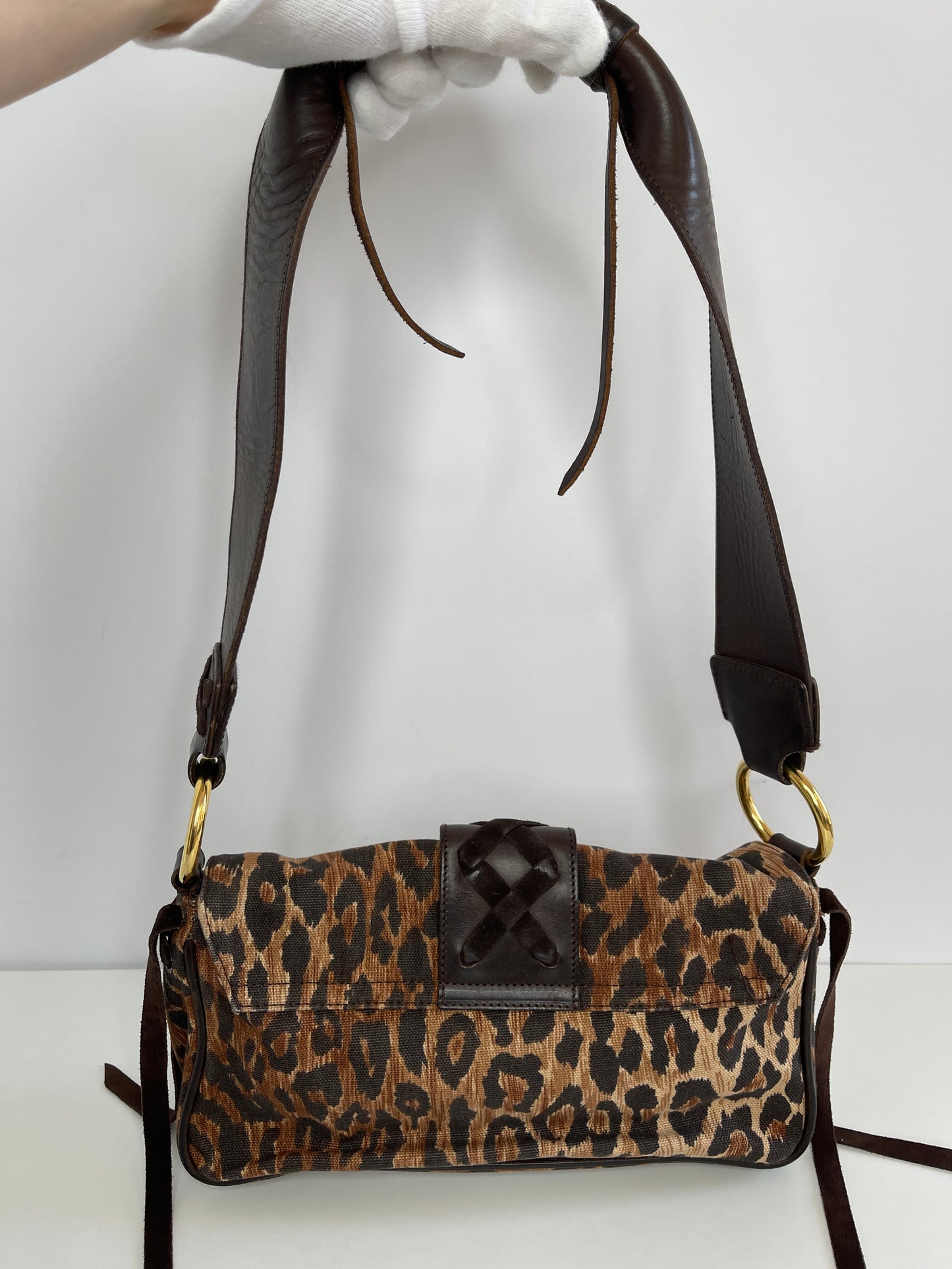 Dolce Gabbana Brown Leopard Print Canvas and Leather Corset Flap Bag