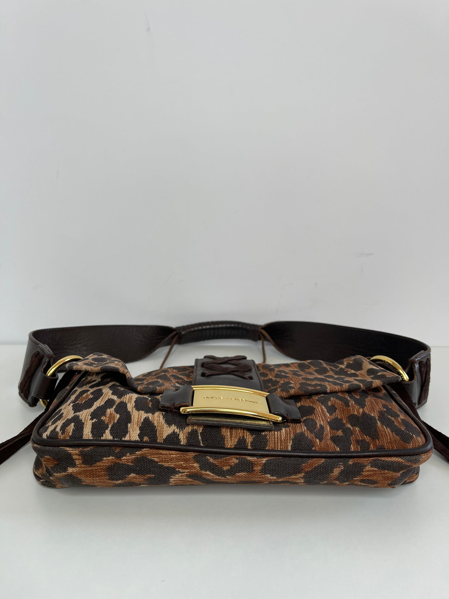 Dolce Gabbana Brown Leopard Print Canvas and Leather Corset Flap Bag