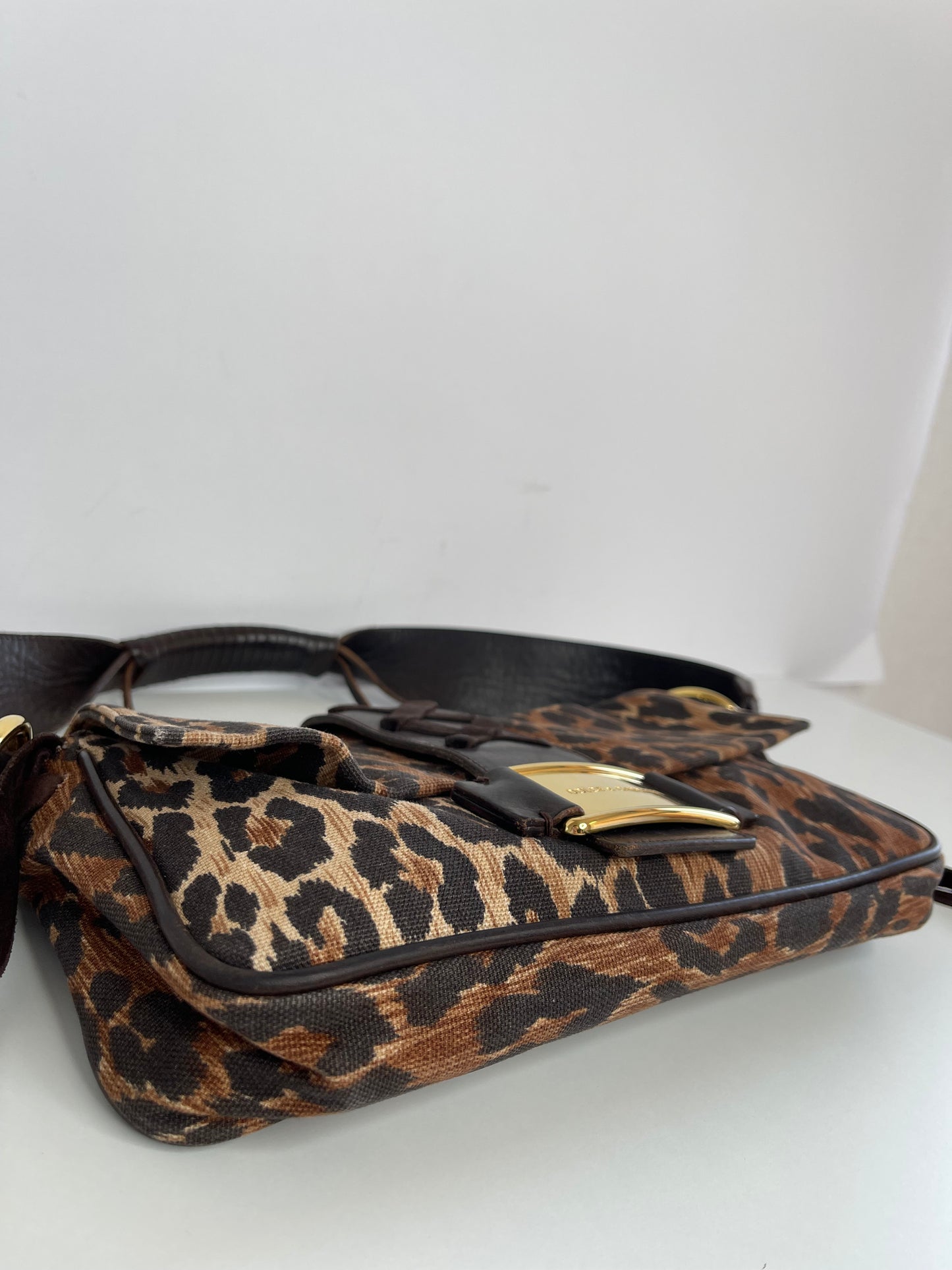 Dolce Gabbana Brown Leopard Print Canvas and Leather Corset Flap Bag