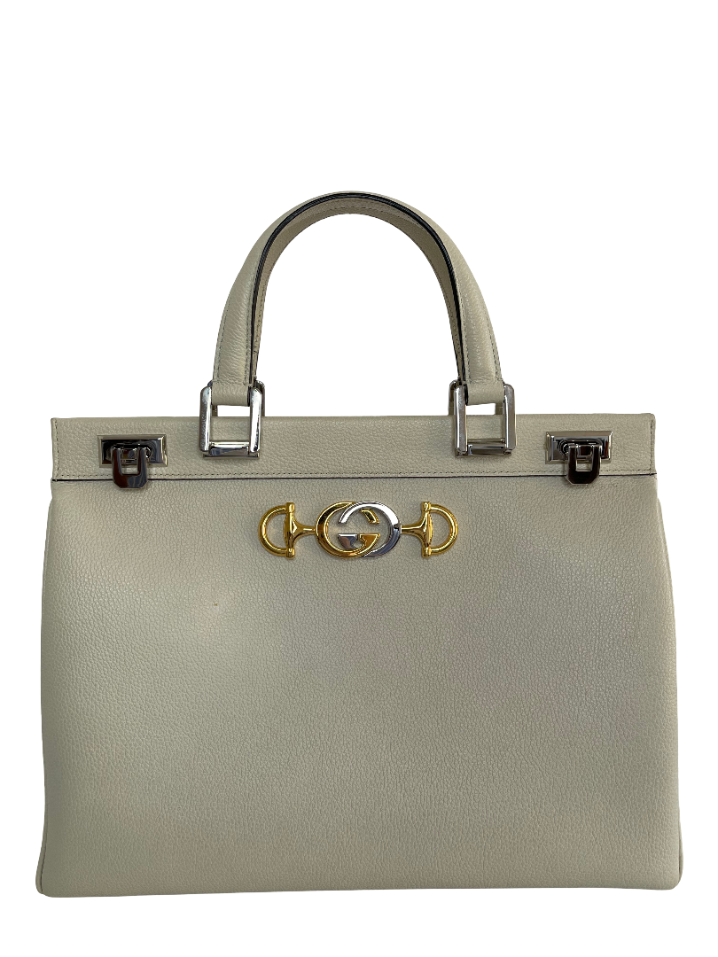 Gucci White Grainy Leather Zumi Medium Tote Bag