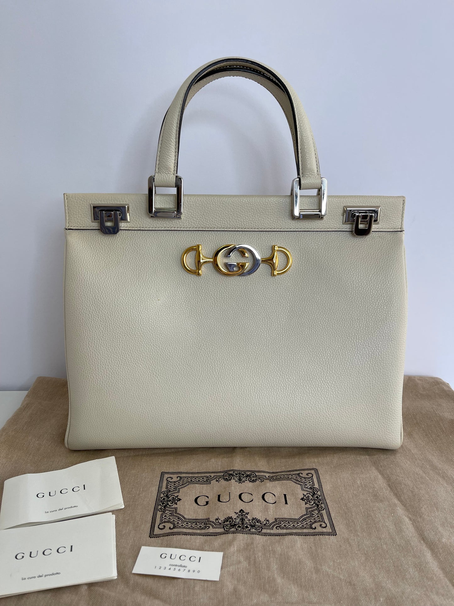 Gucci White Grainy Leather Zumi Medium Tote Bag