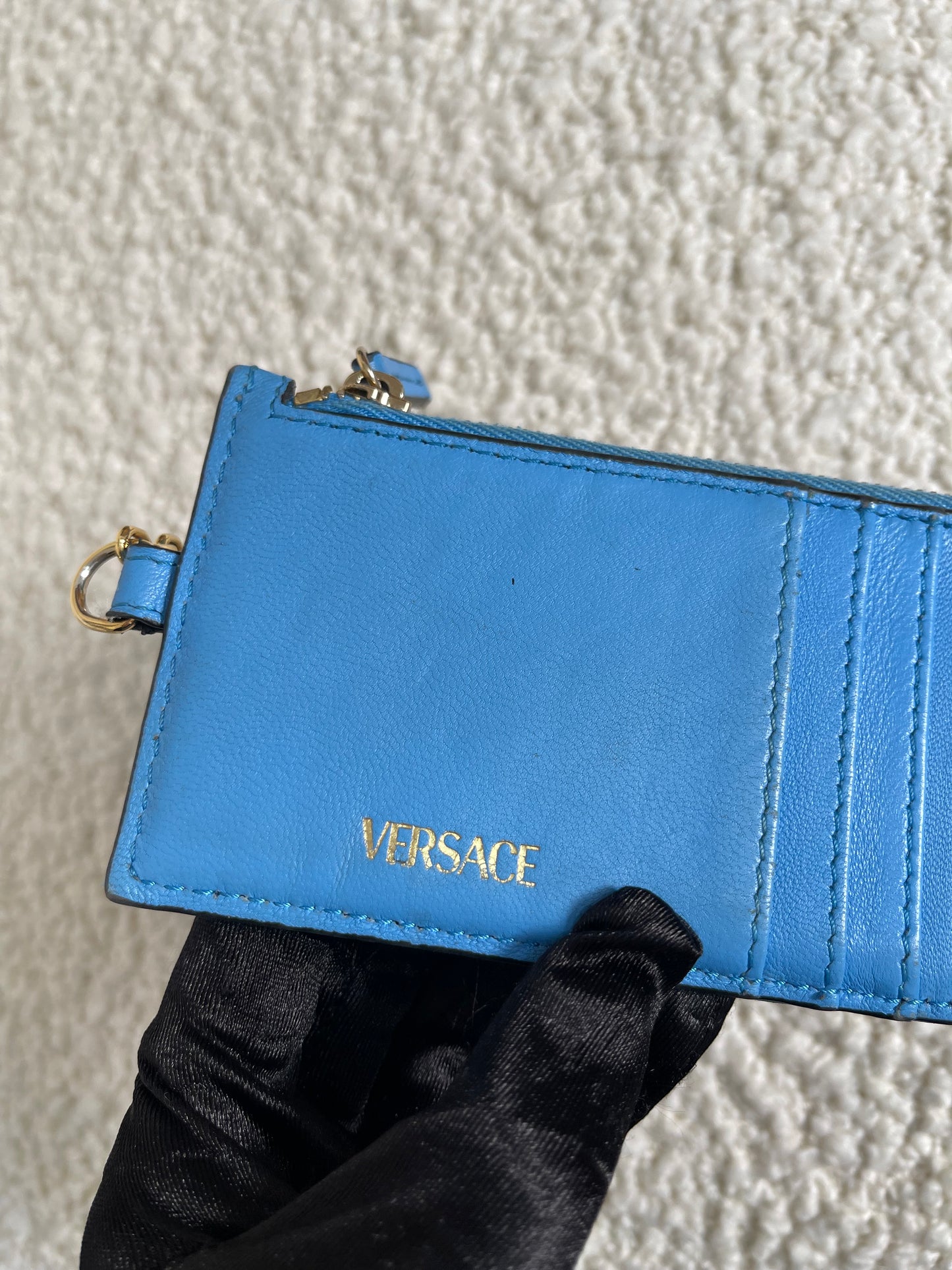 Versace La Medusa Blue Quilted Lamb Leather Compact Snap Wallet