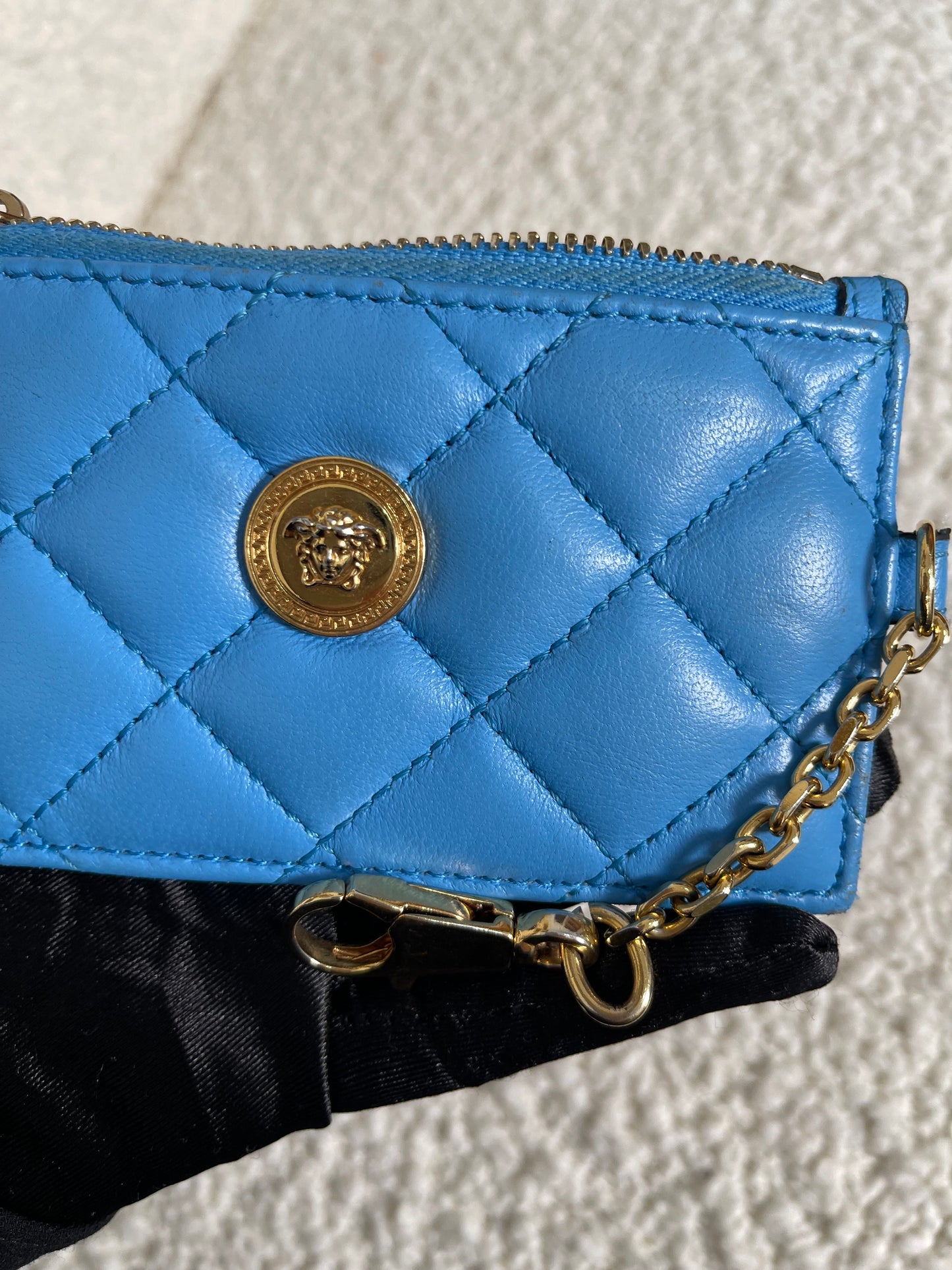 Versace La Medusa Blue Quilted Lamb Leather Compact Snap Wallet