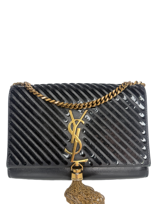 Saint Laurent Medium Kate Diagonal Sequin Tassel Black Bag