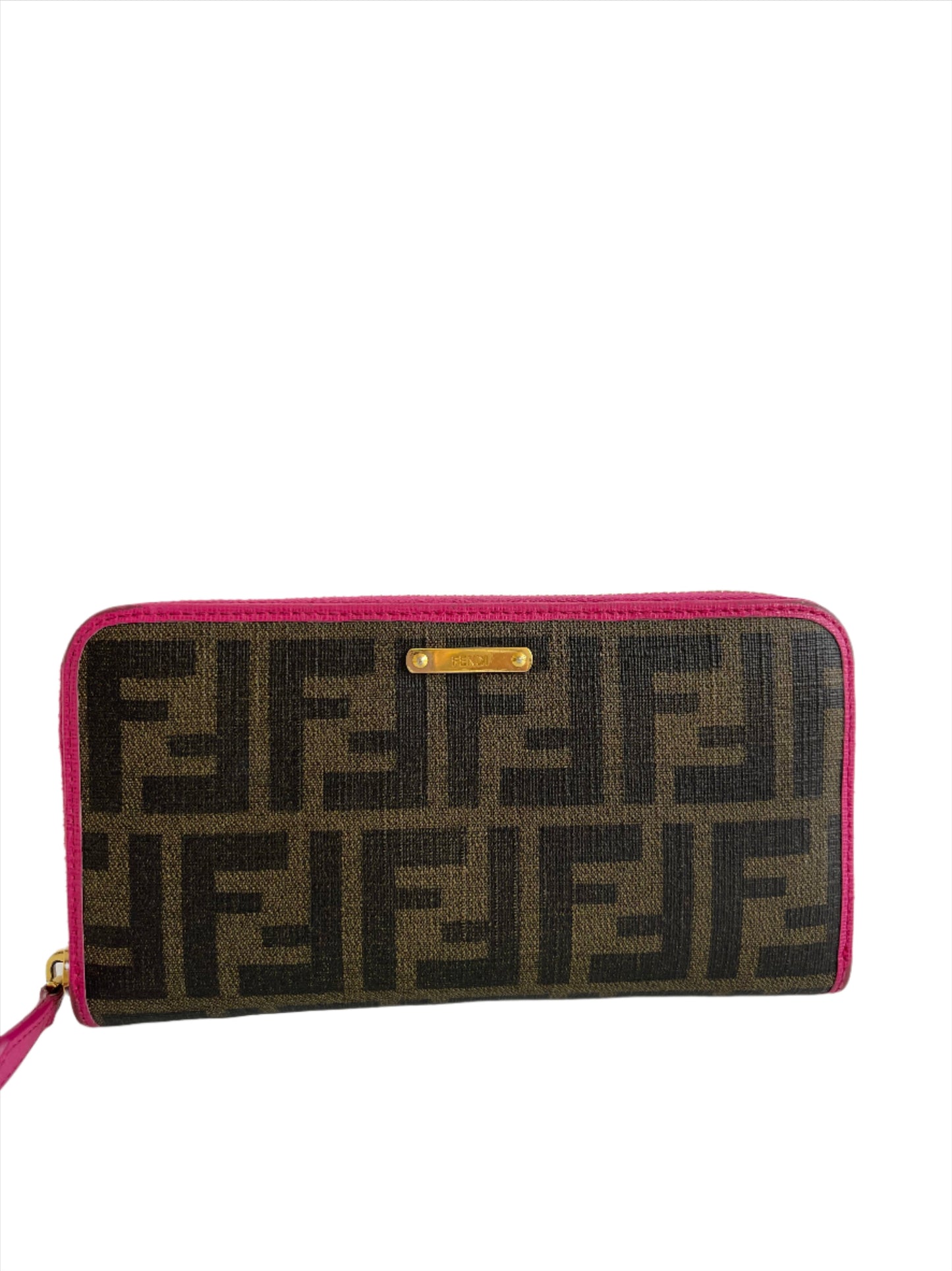 Fendi Pink/Brown Zucca Canvas and Leather Logo Trifold Compact Wallet