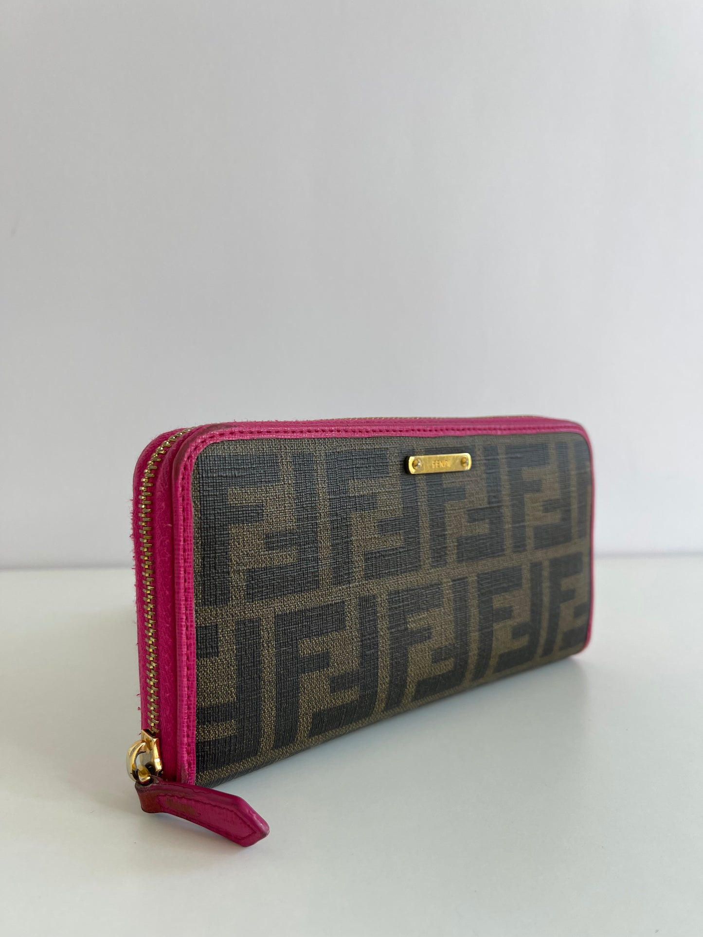 Fendi Pink/Brown Zucca Canvas and Leather Logo Trifold Compact Wallet