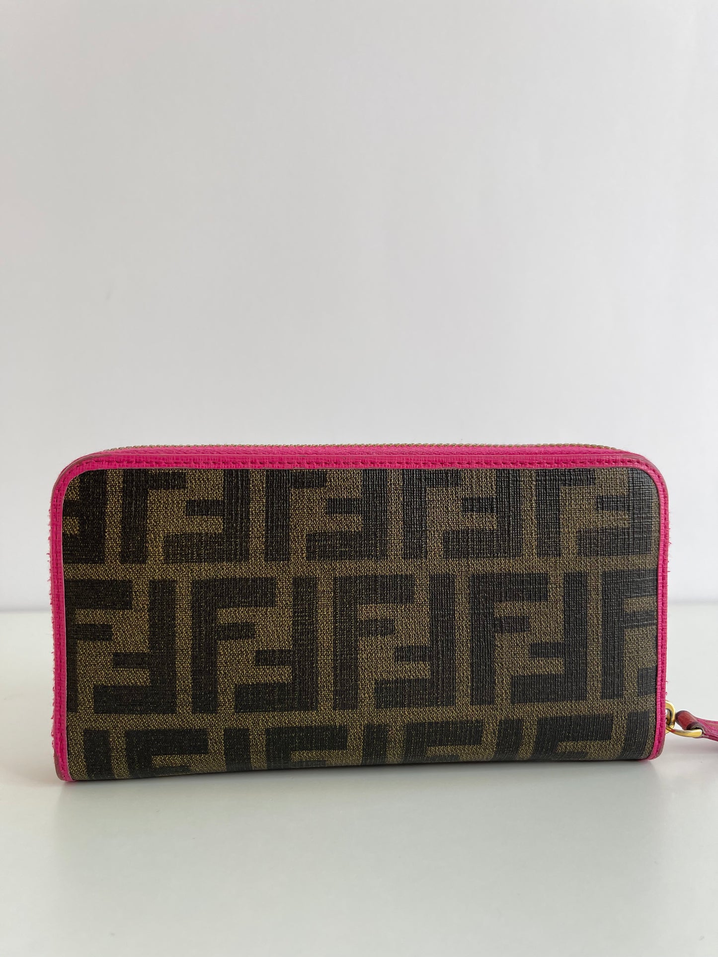 Fendi Pink/Brown Zucca Canvas and Leather Logo Trifold Compact Wallet