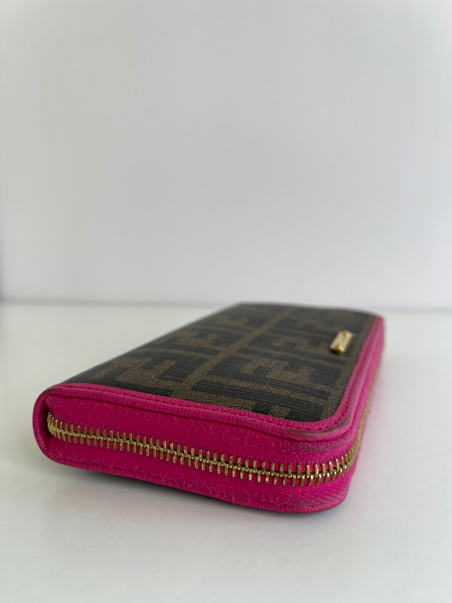 Fendi Pink/Brown Zucca Canvas and Leather Logo Trifold Compact Wallet