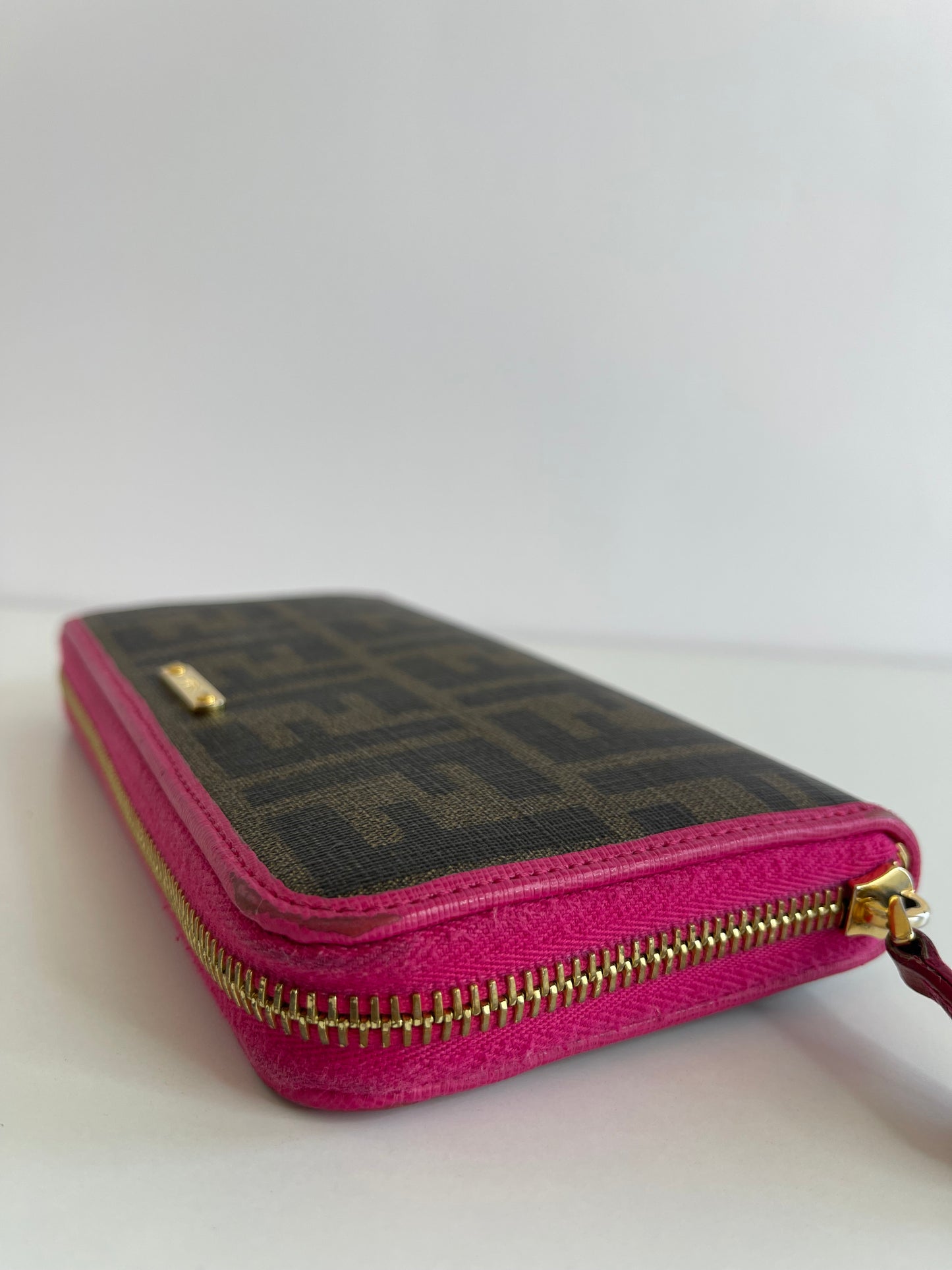 Fendi Pink/Brown Zucca Canvas and Leather Logo Trifold Compact Wallet