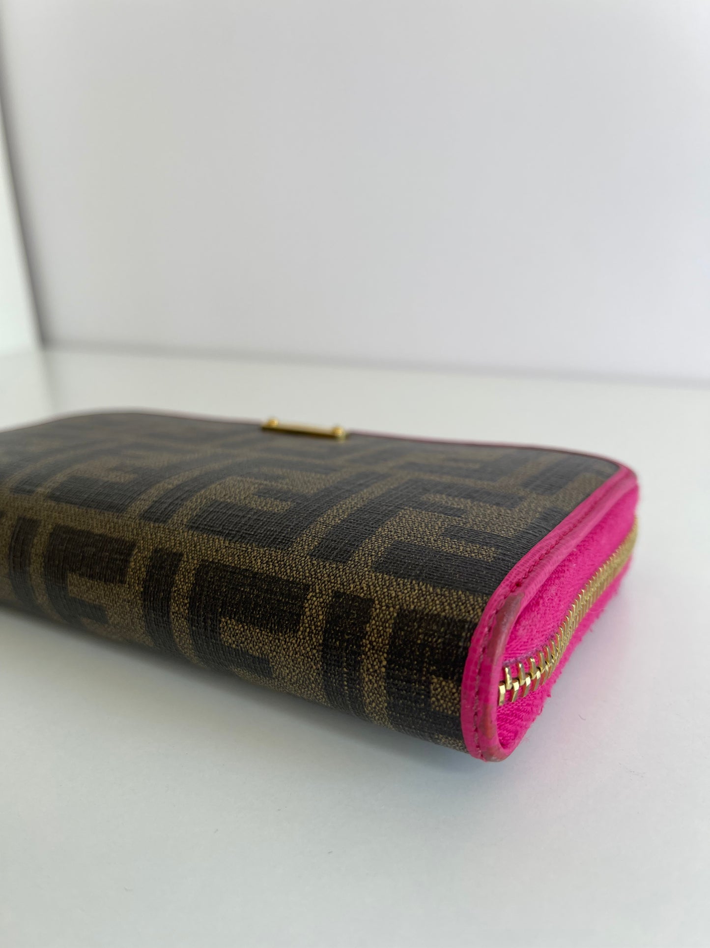 Fendi Pink/Brown Zucca Canvas and Leather Logo Trifold Compact Wallet