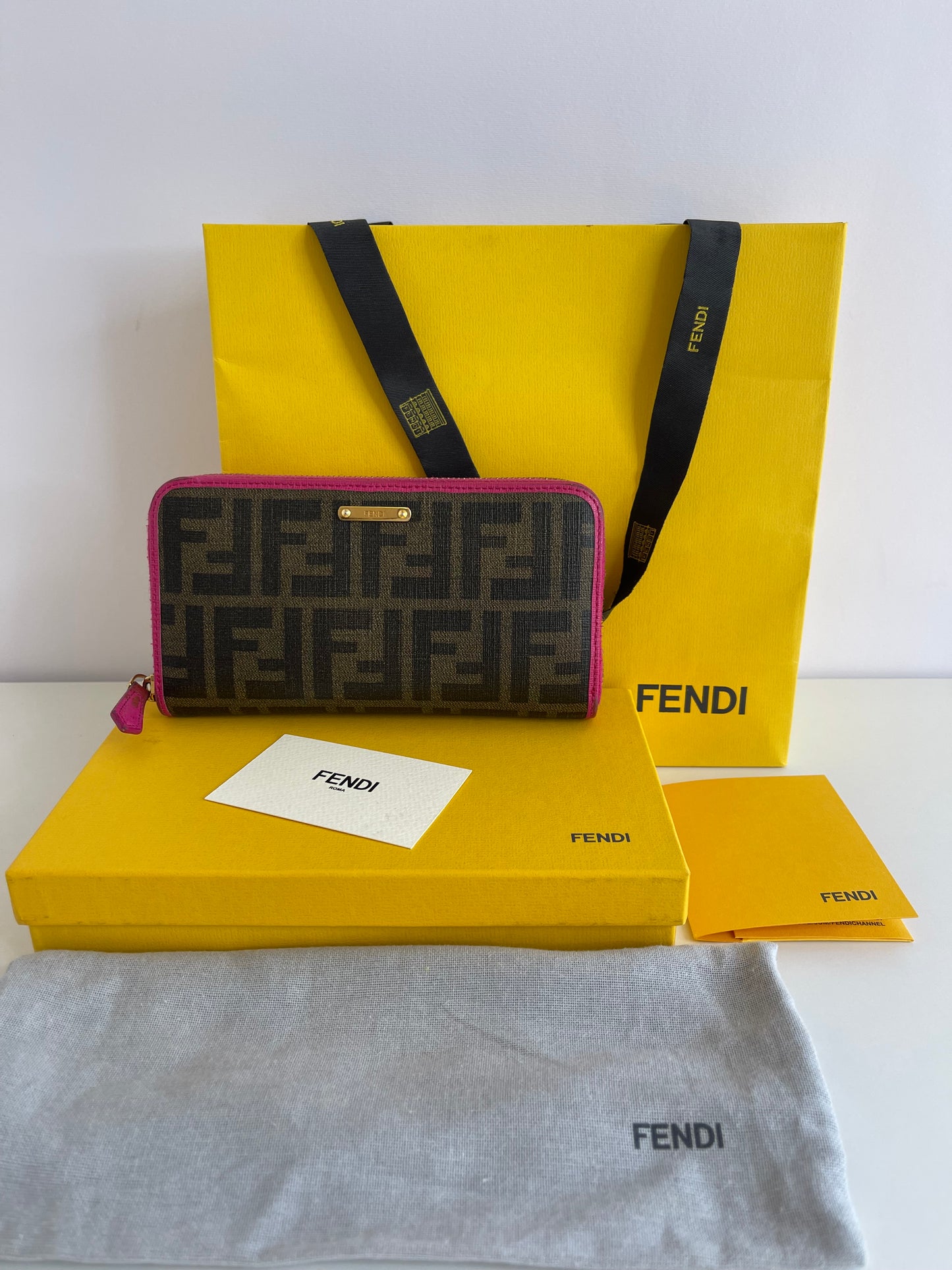 Fendi Pink/Brown Zucca Canvas and Leather Logo Trifold Compact Wallet