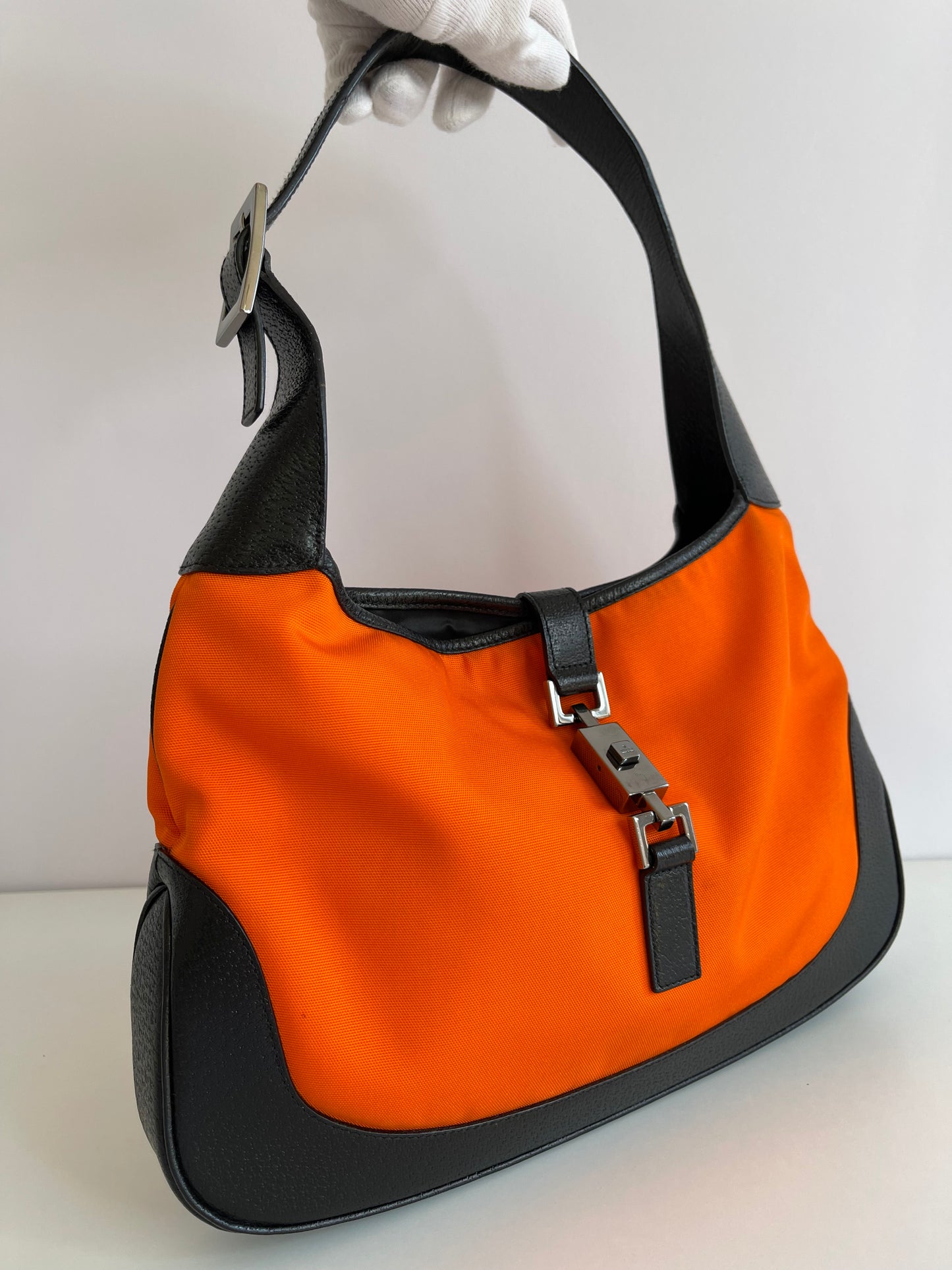 Gucci Vintage Neon Orange Canvas & Black Leather Jackie Bag